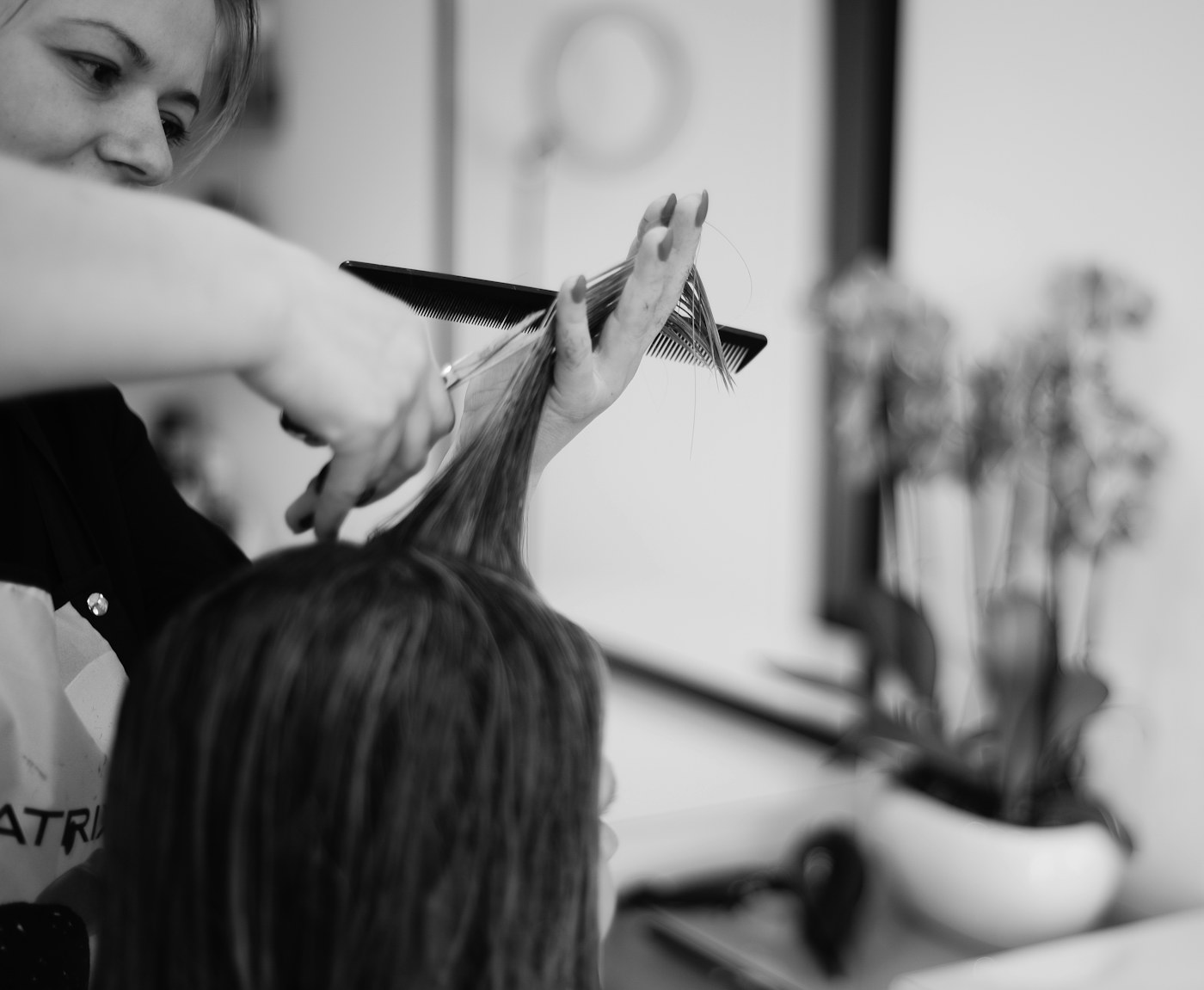 Stylist sectioning and cutting a client's hair